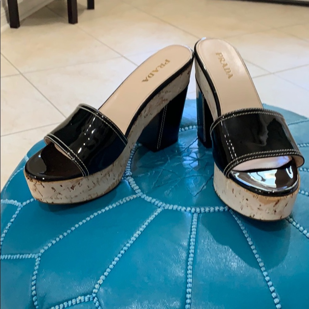 Prada black patent cork heels